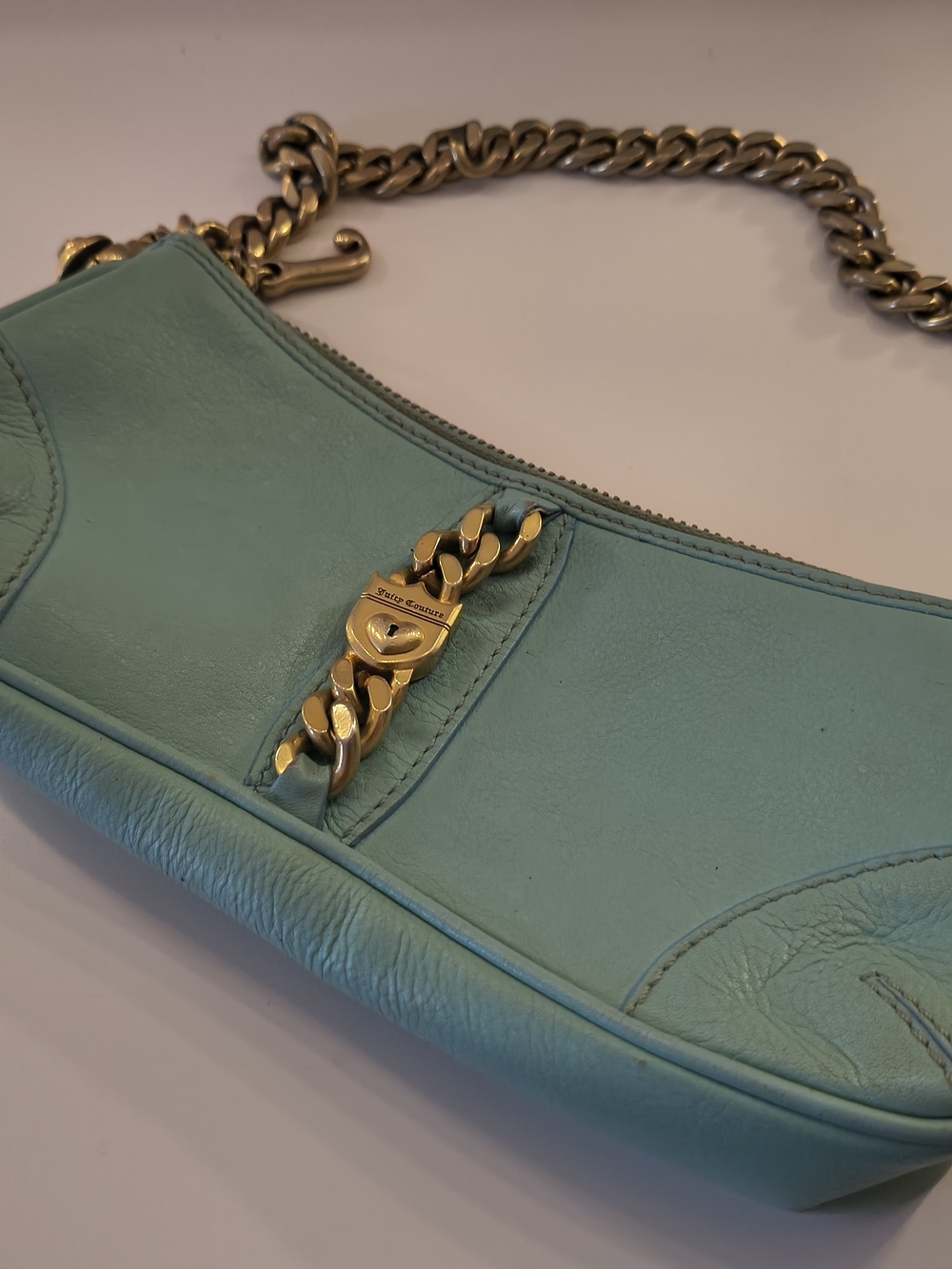 Juicy Couture Teal Blue Mini Baguette Chain Shoulder Bag With Gold Hard Hardware